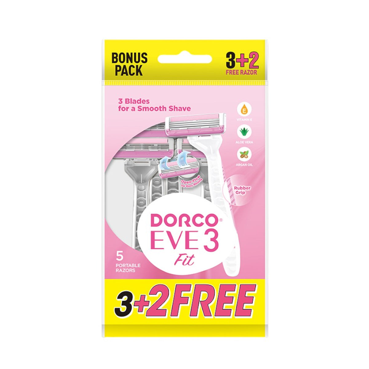 Dorco Eve 3 Disposable Razors for Women, 3 Blades Pivoting Head, 3+2 Rubber Handles In A Pouch
